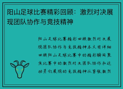 阳山足球比赛精彩回顾：激烈对决展现团队协作与竞技精神