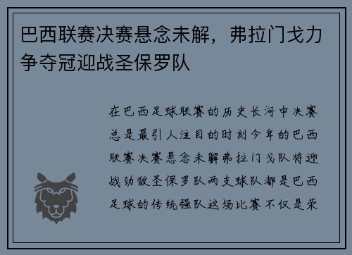 巴西联赛决赛悬念未解，弗拉门戈力争夺冠迎战圣保罗队