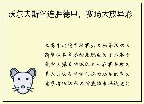 沃尔夫斯堡连胜德甲，赛场大放异彩