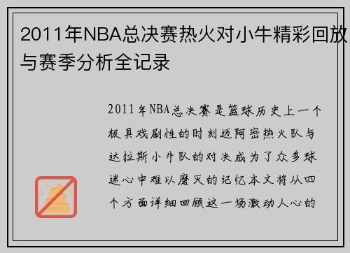 2011年NBA总决赛热火对小牛精彩回放与赛季分析全记录