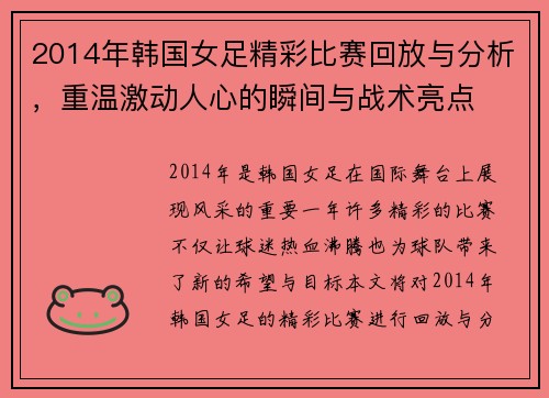2014年韩国女足精彩比赛回放与分析，重温激动人心的瞬间与战术亮点